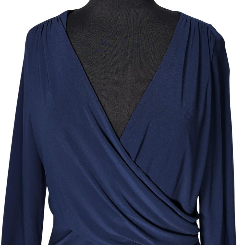 Lauren Ralph Lauren Dress 16 Navy Blue Ruched Faux Wrap Midi Sheath Stretch - Picture 5 of 10